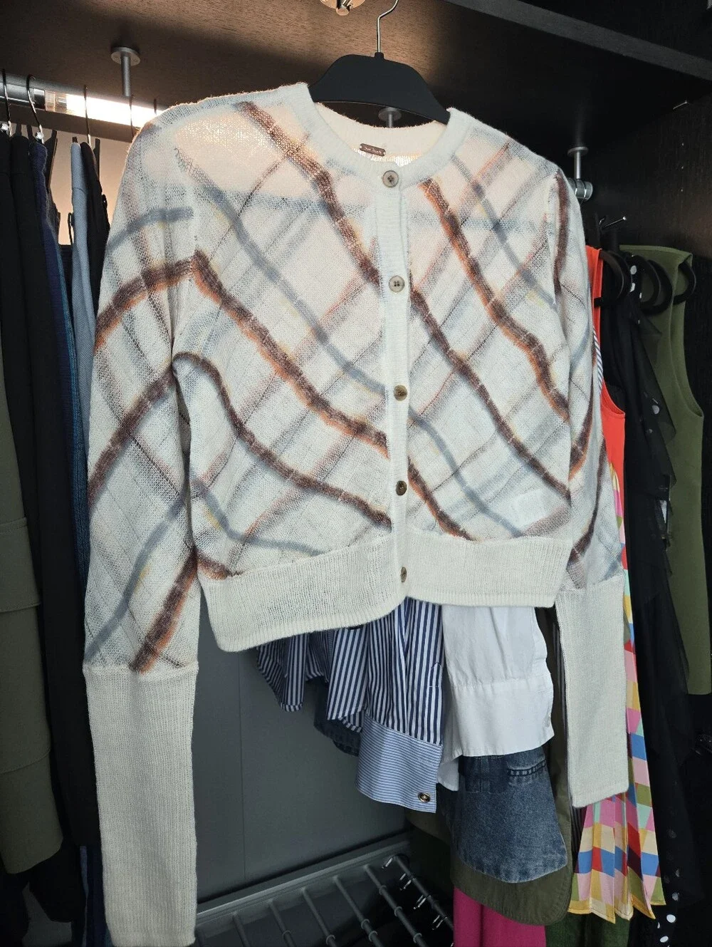 Free People Cream Plaid Cropped Cardigan with Brown and Gray Checks